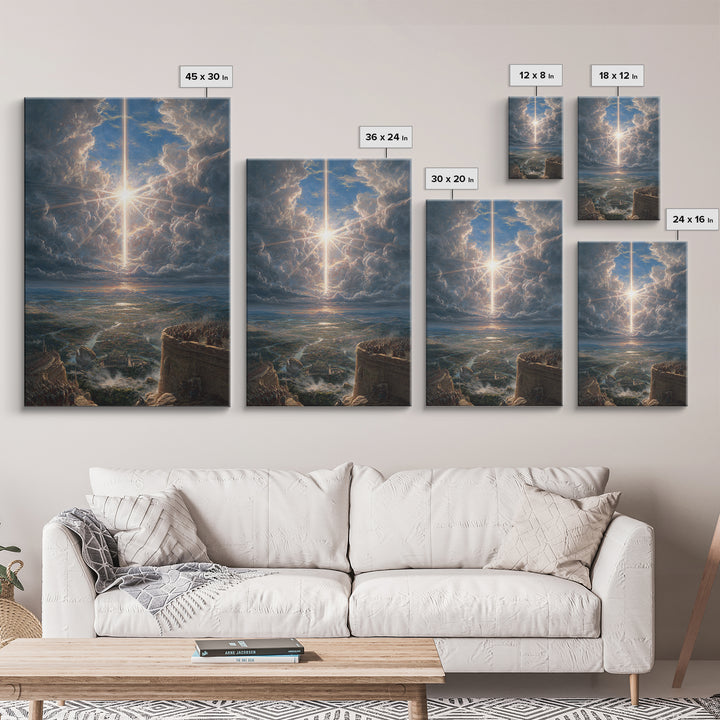 Radiant Cross In Storm Clouds Framed Canvas Print, Christian Wall Art, Celestial Landscape Art, Spiritual Home Decor Gift