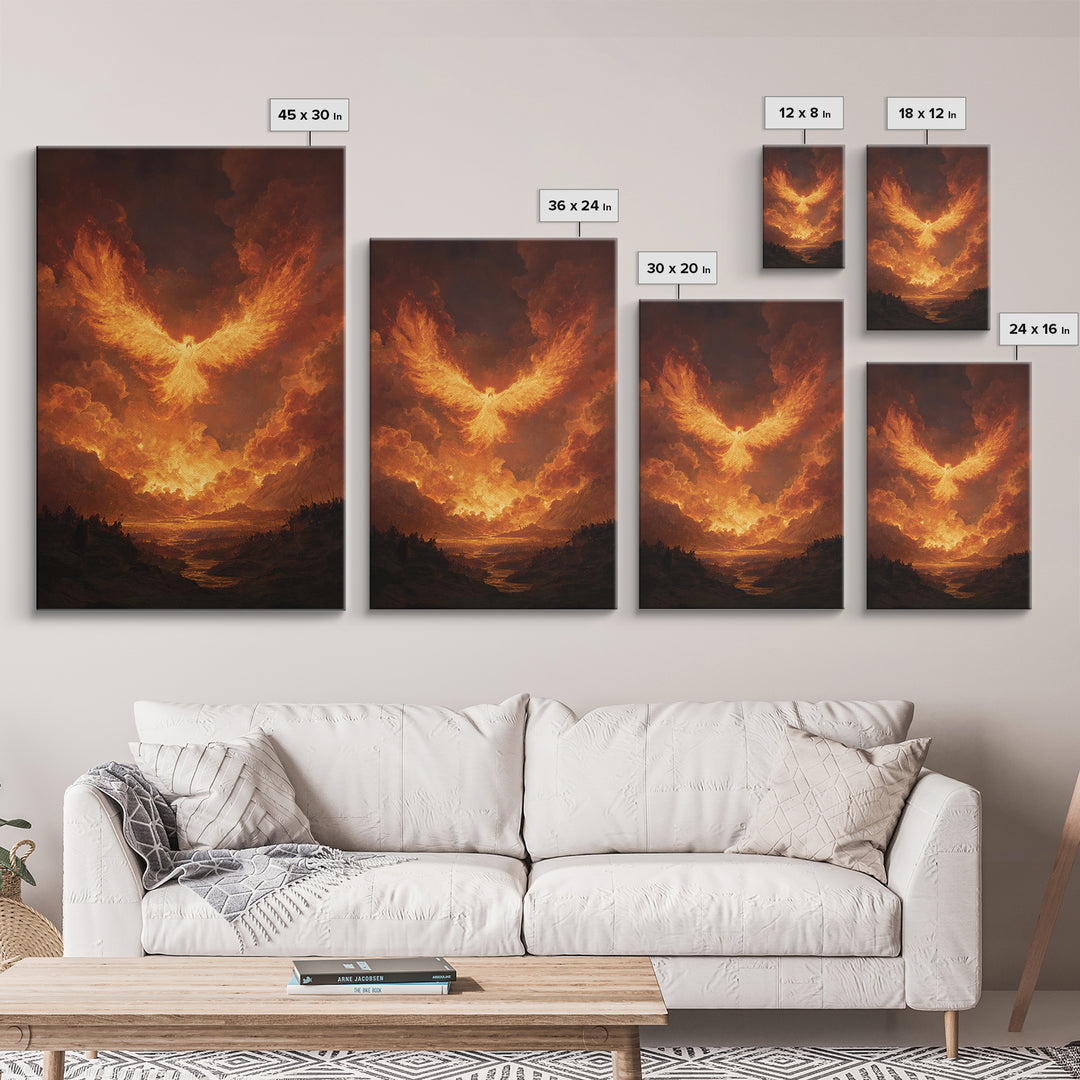 Blazing Phoenix Rising Canvas Print, Fantasy Wall Art, Firebird Painting, Mythical Creature Art, Dramatic Statement Decor