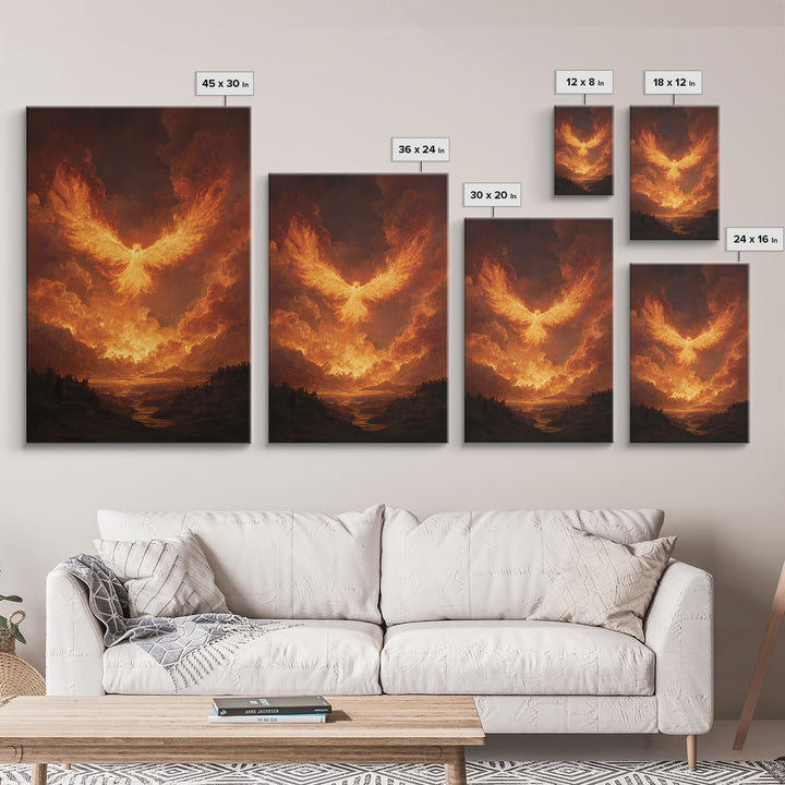 Blazing Phoenix Rising Canvas Print, Fantasy Wall Art, Firebird Painting, Mythical Creature Art, Dramatic Statement Decor