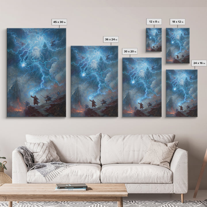 Electric Lightning Storm Giant Canvas Print, Dark Fantasy Wall Art, Epic Battle Painting, Mythological Art, Gothic Castle Decor