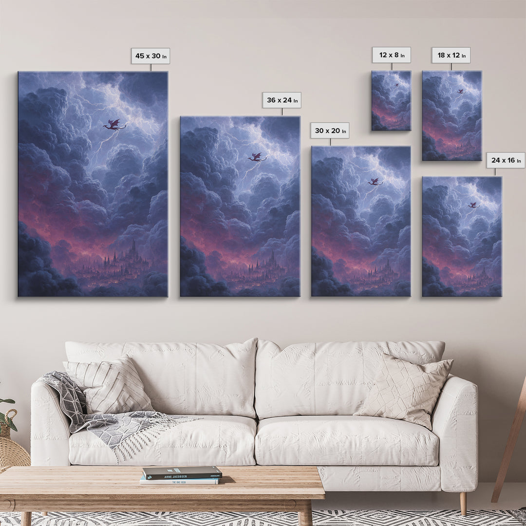 Dragon Over Cloud City Framed Canvas Print, Fantasy Wall Art, Stormy Castle Landscape, Gothic Nursery Decor, Gift For Him