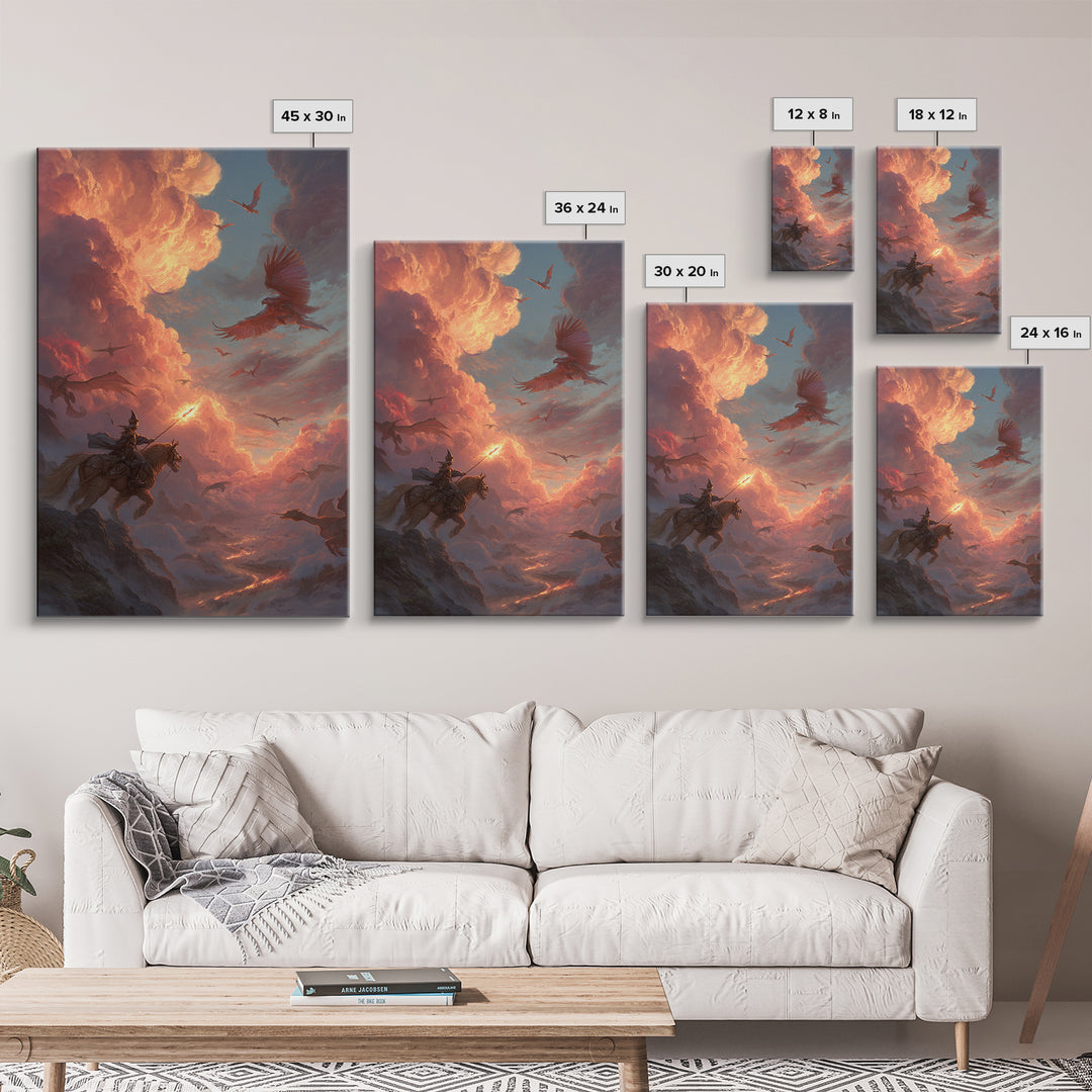 Knight And Phoenix Sunset Sky Battle Canvas Print, Fantasy Wall Art, Dragon Painting, Medieval Decor, Epic Statement Artwork