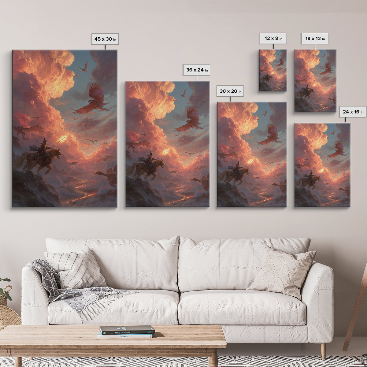 Knight And Phoenix Sunset Sky Battle Canvas Print, Fantasy Wall Art, Dragon Painting, Medieval Decor, Epic Statement Artwork