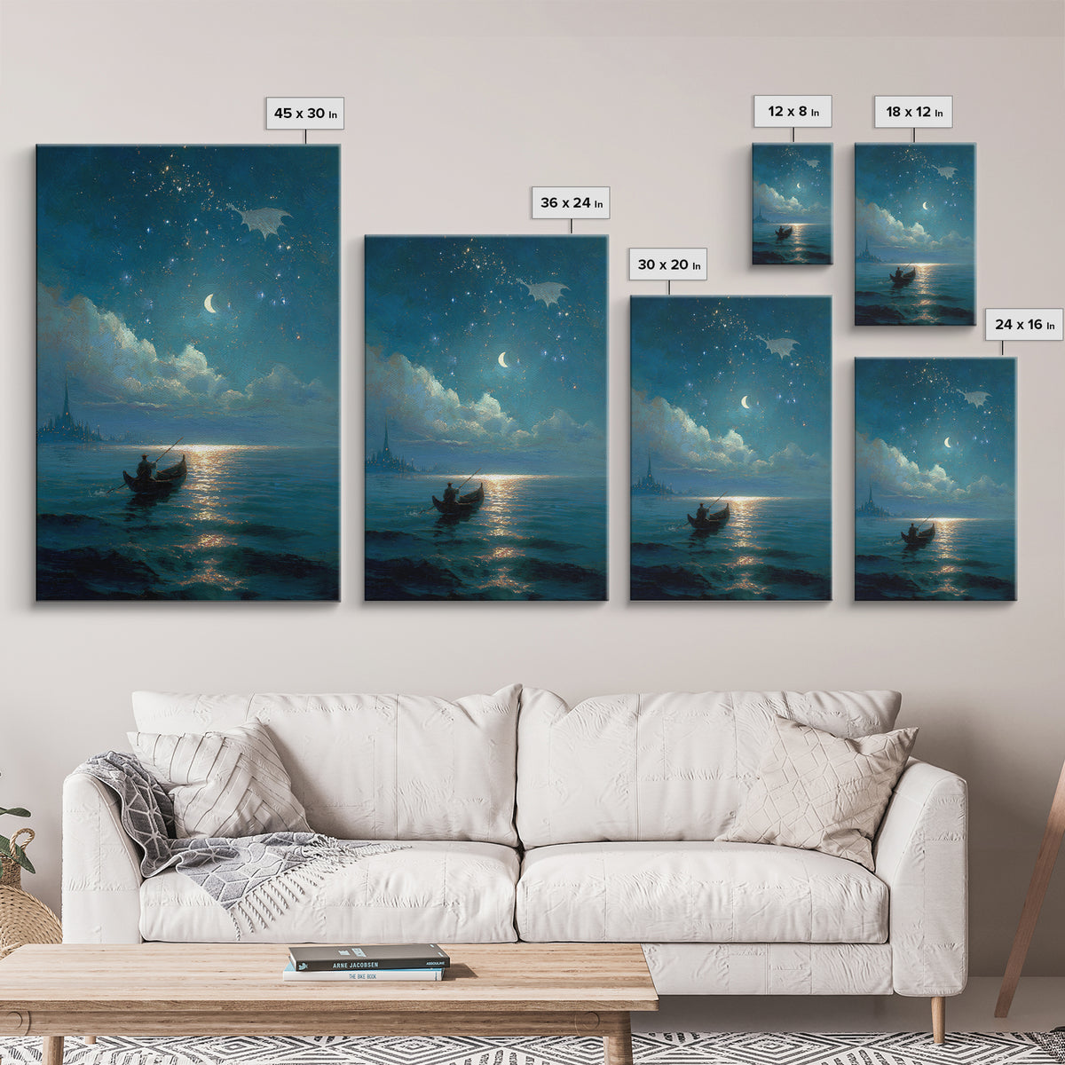 Moonlit Blue Boat And Castle Canvas Print, Celestial Wall Art, Fantasy Seascape Painting, Starry Night Decor, Gift For Her