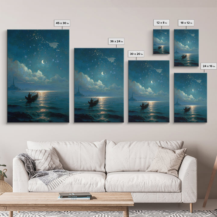 Moonlit Blue Boat And Castle Canvas Print, Celestial Wall Art, Fantasy Seascape Painting, Starry Night Decor, Gift For Her