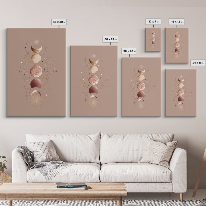 Moon Phases Celestial Wall Art, Taupe Boho Astrology Canvas, Mystical Lunar Decor, Minimalist Bedroom Print Gift For Her