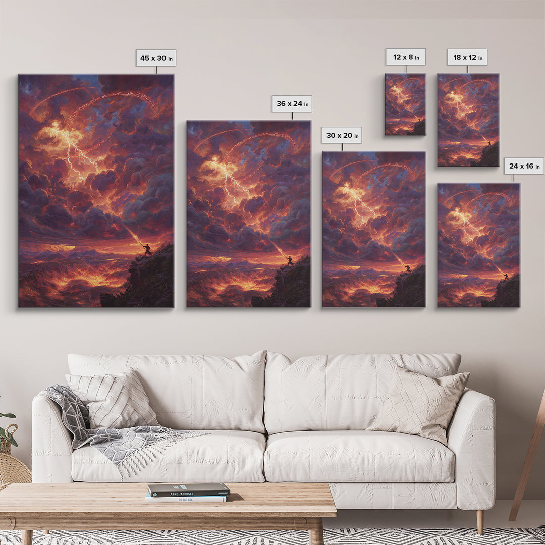 Firelit Lightning Dragon Storm Canvas Print, Fantasy Wall Art, Epic Landscape Art, Wizard Decor, Dramatic Home Decor Gift
