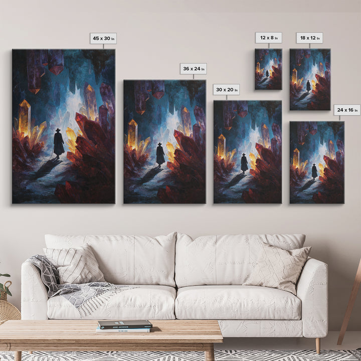 Glowing Crystal Cave Explorer Canvas Print, Fantasy Wall Art, Mystical Gemstone Cavern, Dark Academia Home Decor Gift For Him