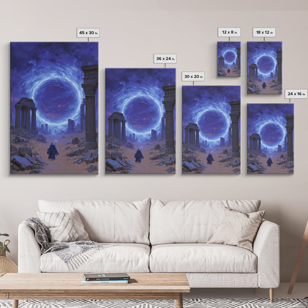Ancient Ruins Blue Portal Canvas Print, Fantasy Wall Art, Magical Desert Landscape, Wizard Decor, Surreal Home Decor Gift