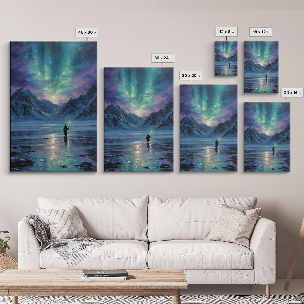 Northern Lights Mountain Lake Canvas Print, Aurora Wall Art, Fantasy Landscape Painting, Nordic Decor, Calming Home Decor Gift