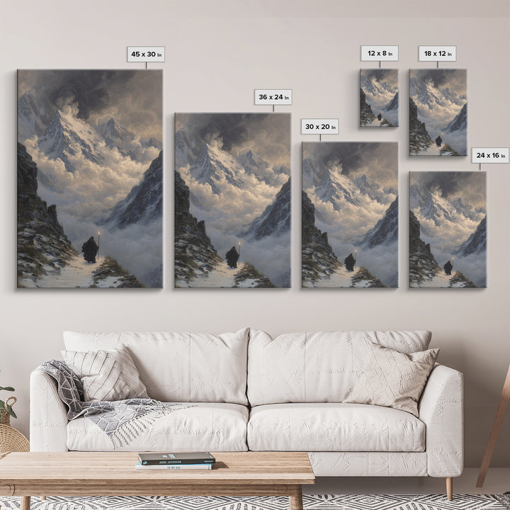 Stormy Snow Mountain Pass Canvas Print, Fantasy Wall Art, Moody Landscape Painting, Adventure Decor, Dramatic Home Decor