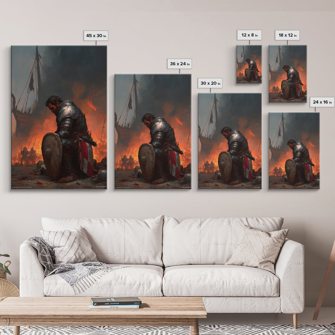 Kneeling Armored Warrior Canvas Print, Dark Fantasy Wall Art, Medieval Battle Scene, Viking Decor, Gift For Him Home Decor