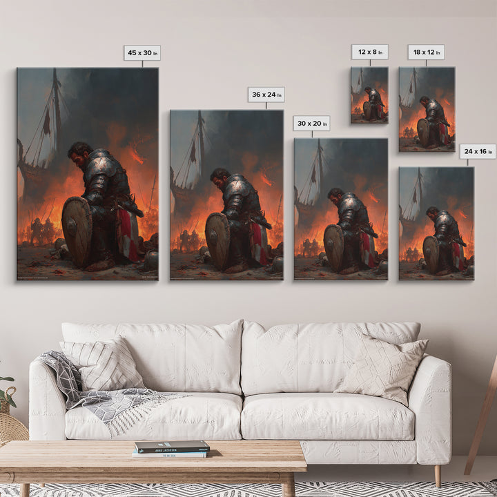 Kneeling Armored Warrior Canvas Print, Dark Fantasy Wall Art, Medieval Battle Scene, Viking Decor, Gift For Him Home Decor