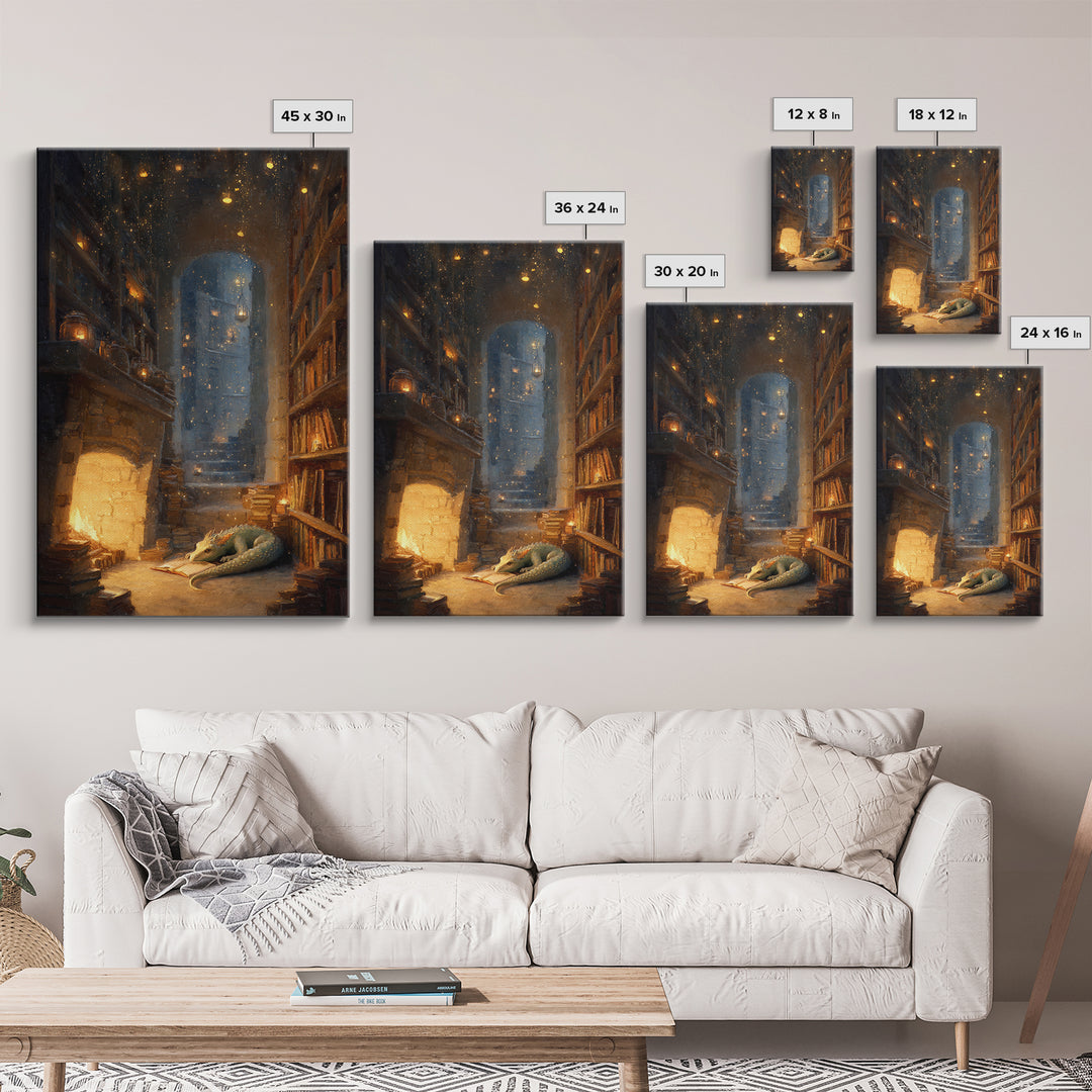 Cozy Dragon Library Fireplace Canvas Print, Fantasy Wall Art, Book Lover Decor, Dark Academia Reading Nook Home Decor Gift