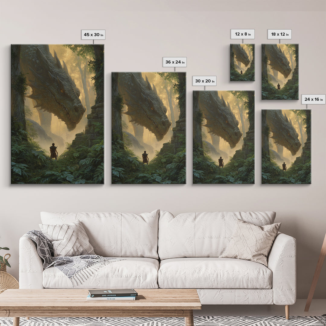 Giant Dragon In Ancient Jungle Ruins Wall Art Fantasy Canvas Print For Living Room Decor, Epic Heroic Gamer Room Gift For Him