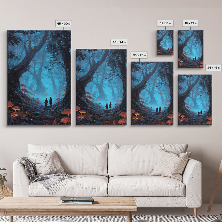 Enchanted Blue Mushroom Forest Wall Art Magical Fantasy Canvas Print For Bedroom Decor, Whimsical Fairy Tale Gift For Her