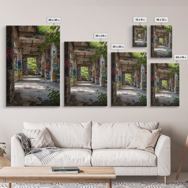 Sunlit Abandoned Graffiti Building Wall Art Urban Decay Photography Print, Industrial Office Decor For Modern Lofts Gift