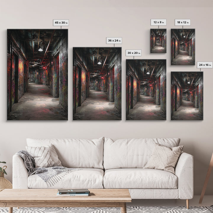 Dark Graffiti Tunnel Wall Art Urban Street Photography Print, Industrial Corridor Decor For Office Or Man Cave Gift Idea
