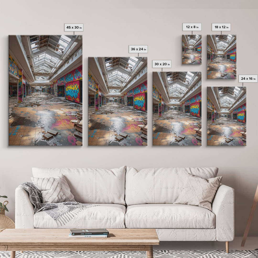 Abandoned Mall Atrium With Graffiti Wall Art Urban Decay Photography Print, Modern Industrial Decor For Loft Living Room