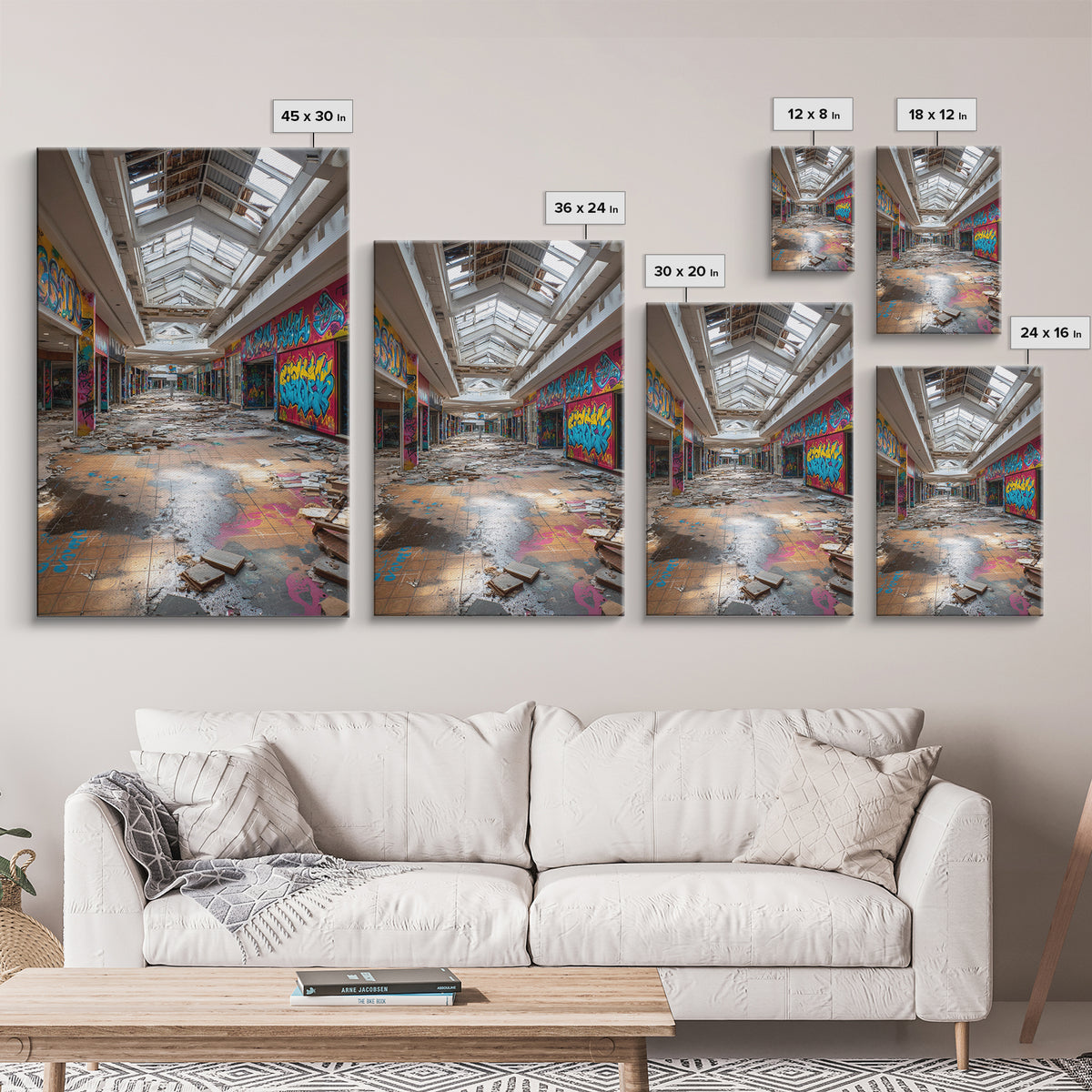 Abandoned Mall Atrium With Graffiti Wall Art Urban Decay Photography Print, Modern Industrial Decor For Loft Living Room