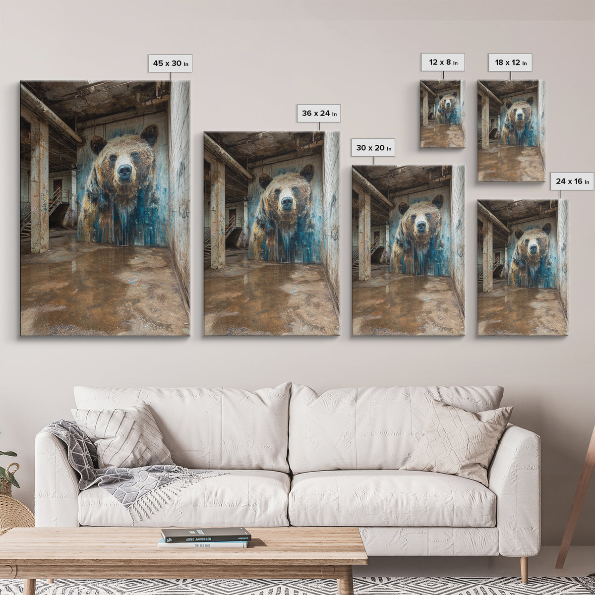 Realistic Bear Mural In Industrial Ruins Wall Art Urban Wildlife Canvas Print, Rustic Animal Decor For Cabin Or Office Gift