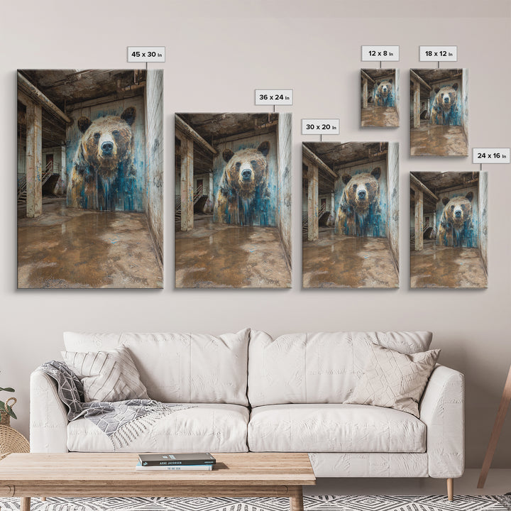 Realistic Bear Mural In Industrial Ruins Wall Art Urban Wildlife Canvas Print, Rustic Animal Decor For Cabin Or Office Gift