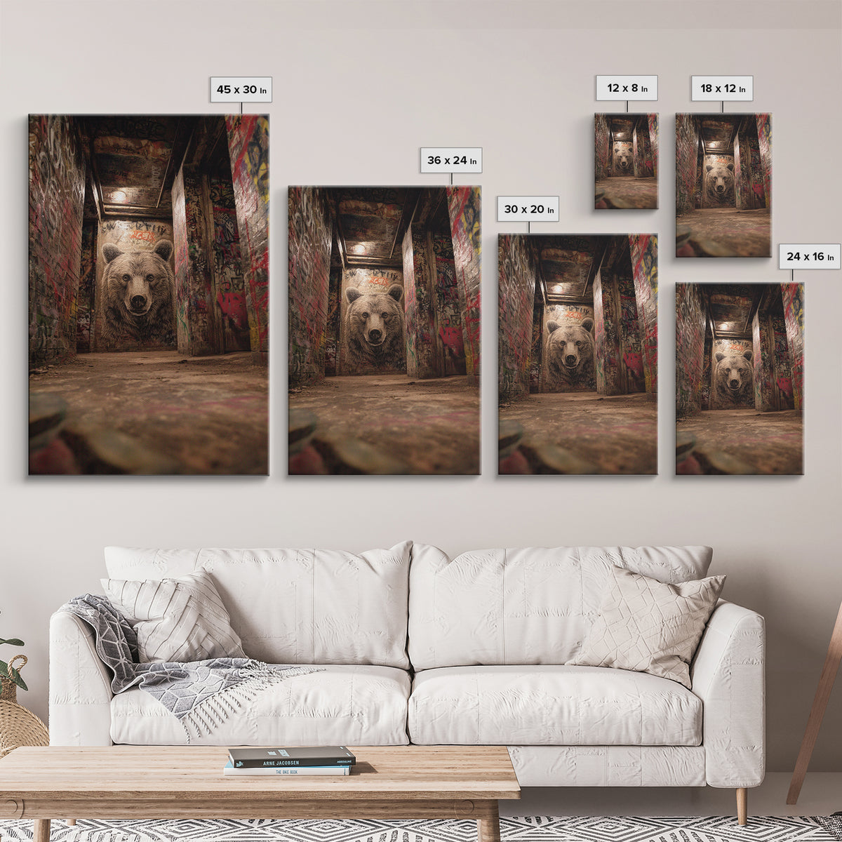 Moody Bear Portrait Graffiti Tunnel Wall Art Urban Wildlife Canvas Print, Dark Industrial Decor For Man Cave Or Office Gift