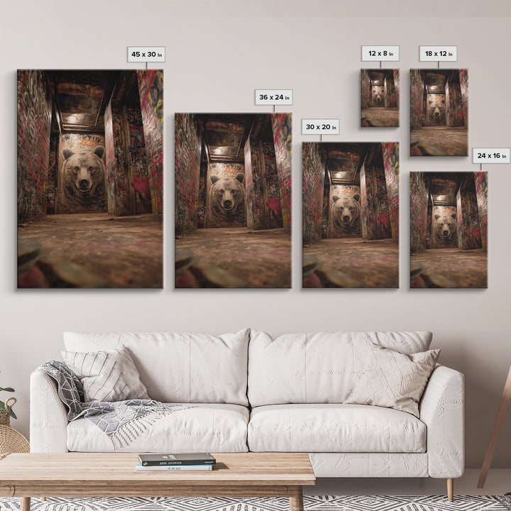 Moody Bear Portrait Graffiti Tunnel Wall Art Urban Wildlife Canvas Print, Dark Industrial Decor For Man Cave Or Office Gift