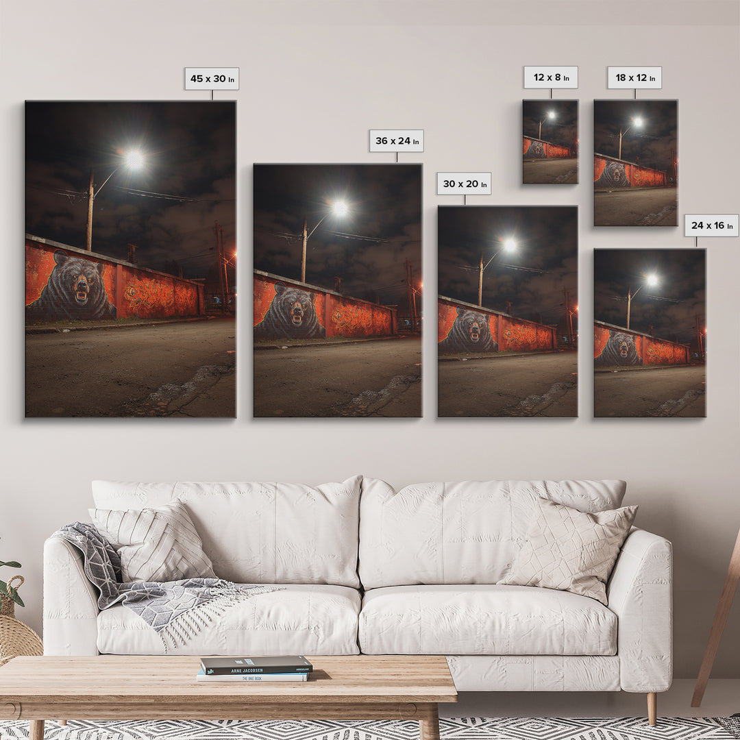 Night Street Bear Graffiti Wall Art Urban Wildlife Canvas Print, Red Brick Mural Decor For Man Cave Or Industrial Office