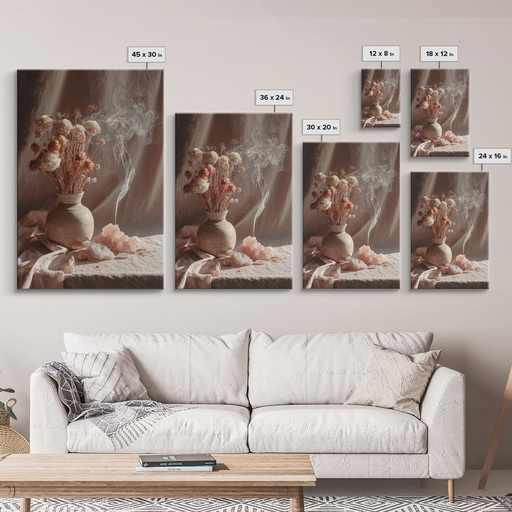 Dried Flowers With Incense Smoke Framed Canvas Print, Boho Wall Art, Rose Quartz Decor, Spiritual Bedroom Wall Decor Gift