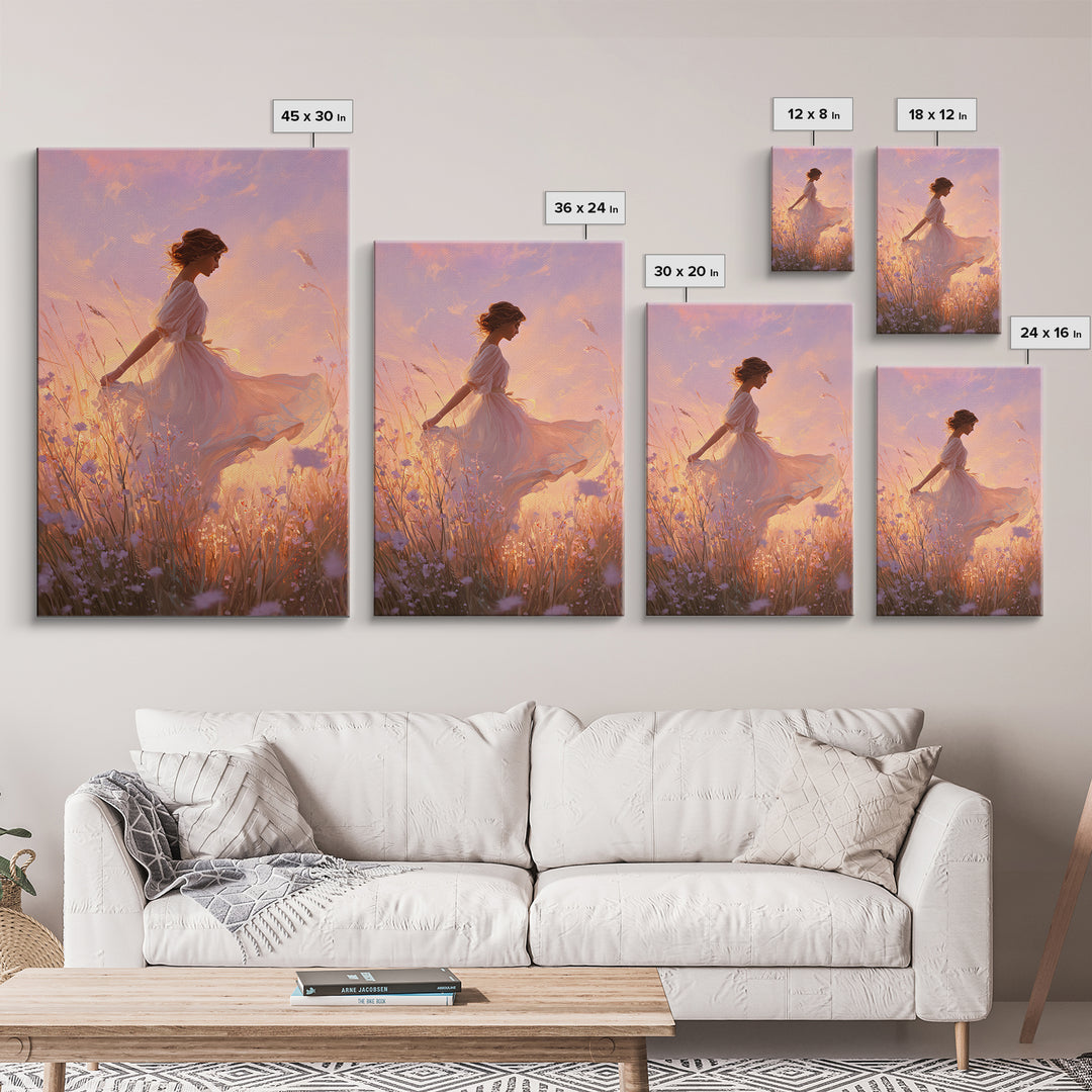 Sunset Meadow Woman In White Dress Wall Art, Romantic Wildflower Canvas Print, Feminine Bedroom Decor, Living Room Decor, Gift For Her
