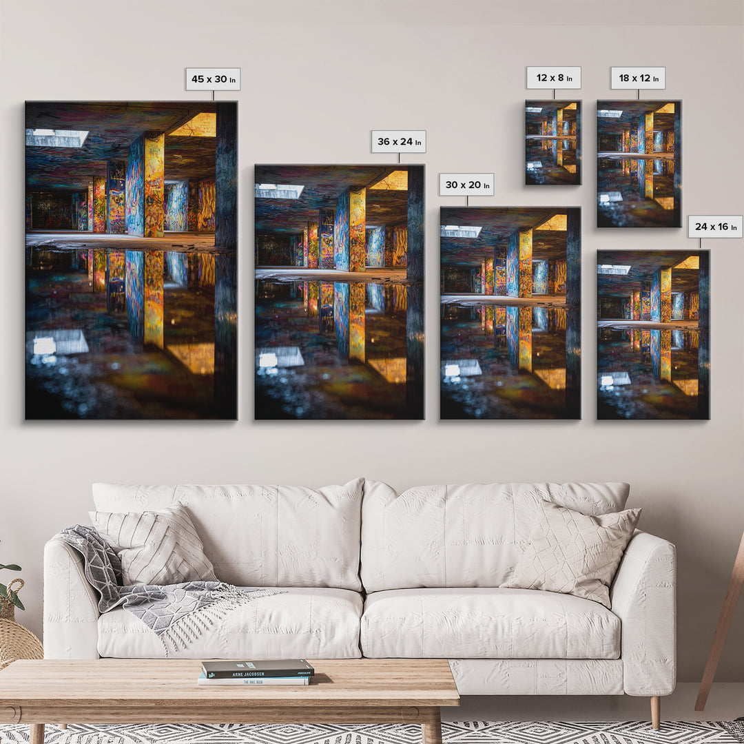 Colorful Graffiti Art With Reflections In Urban Underground Tunnel Wall Art Framed Canvas Print