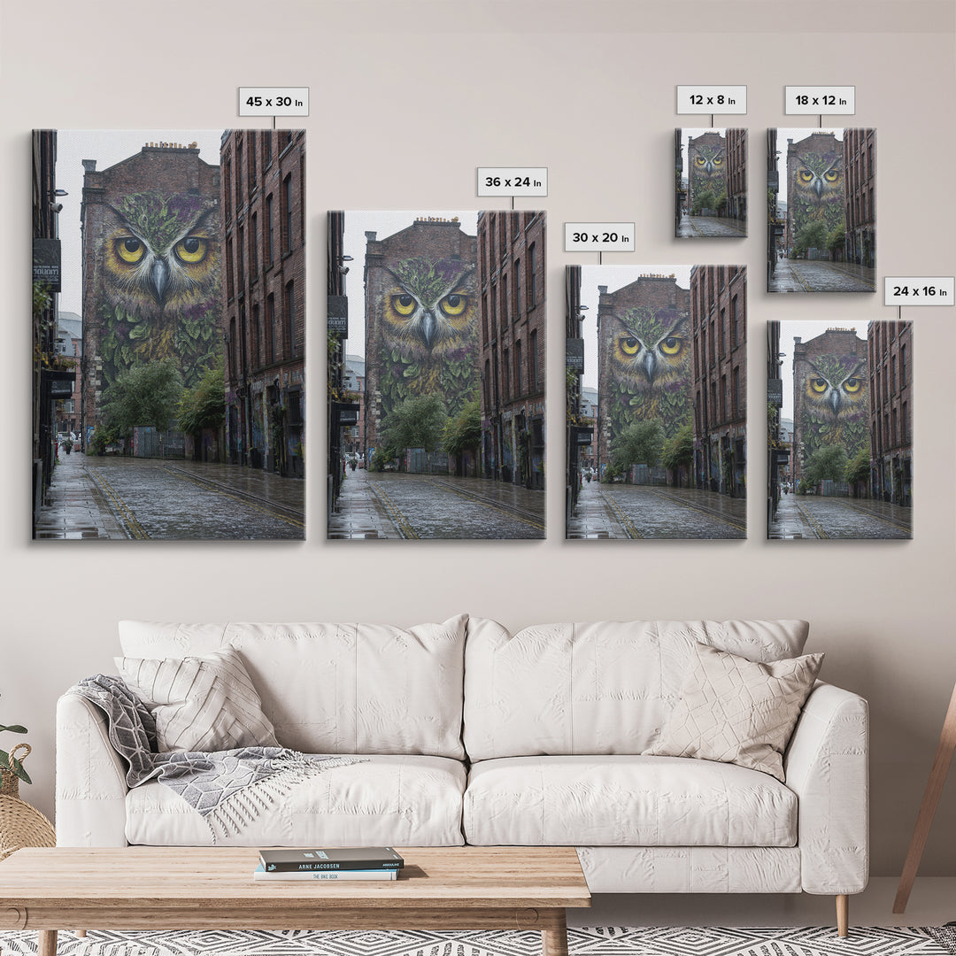 Large Vibrant Owl Mural Painted On Brick Building Wall In City Street - Original Wall Art Canvas Print For Urban Decor