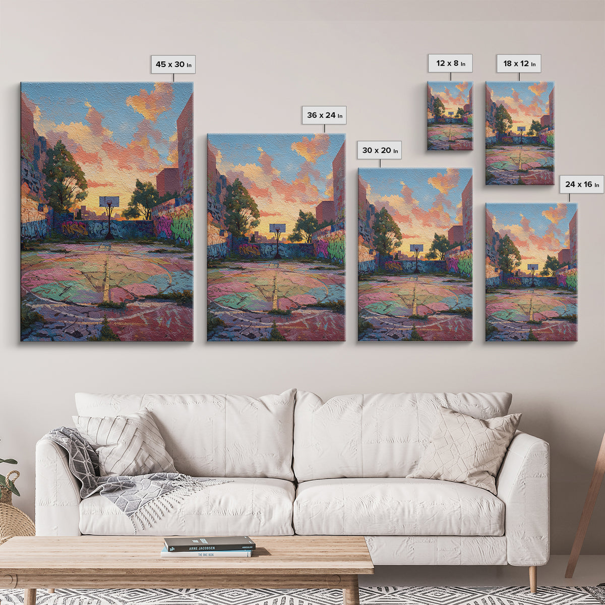 Urban Graffiti Basketball Court Sunset Colorful Street Art Canvas Print Vibrant Wall Art For Modern Living Room