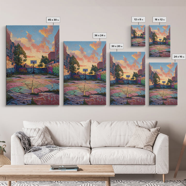 Urban Graffiti Basketball Court Sunset Colorful Street Art Canvas Print Vibrant Wall Art For Modern Living Room