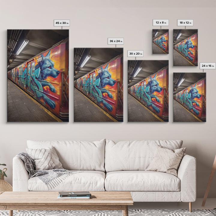 Graffiti Art Subway Train With Blue Dog Design Urban Street Art Canvas Print For Unique Contemporary Wall Decor