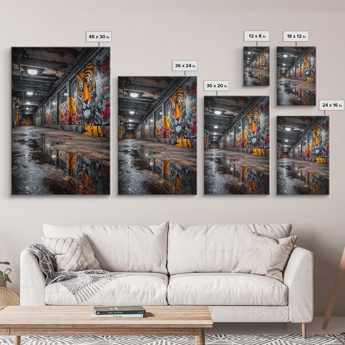 Urban Subway Corridor With Tiger Graffiti Art Moody Street Art Wall Decor - Canvas Print For Industrial Loft And Urban Spaces