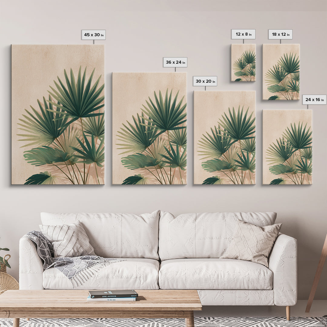 Green Fan Palm Botanical Wall Art, Tropical Leaf Canvas Print, Coastal Boho Living Room Decor, Large Nature Inspired Art
