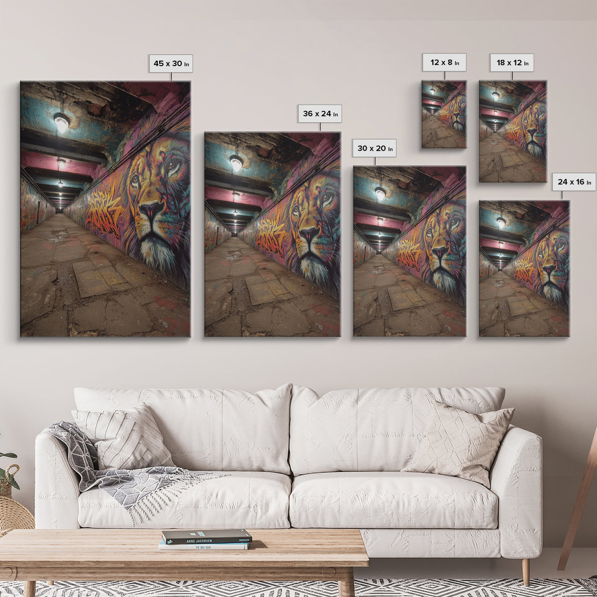 Urban Subway Tunnel Animal Graffiti Wall Art Colorful Lion Mural Framed Canvas Print For Street Art Lovers And Man Cave