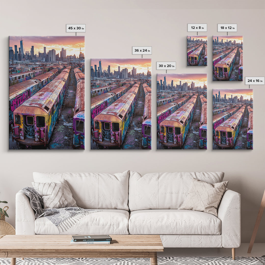 Abandoned Graffiti Covered Subway Trains Cityscape Urban Wall Art Print | Modern Wall Art Home Decor Gift For Him
