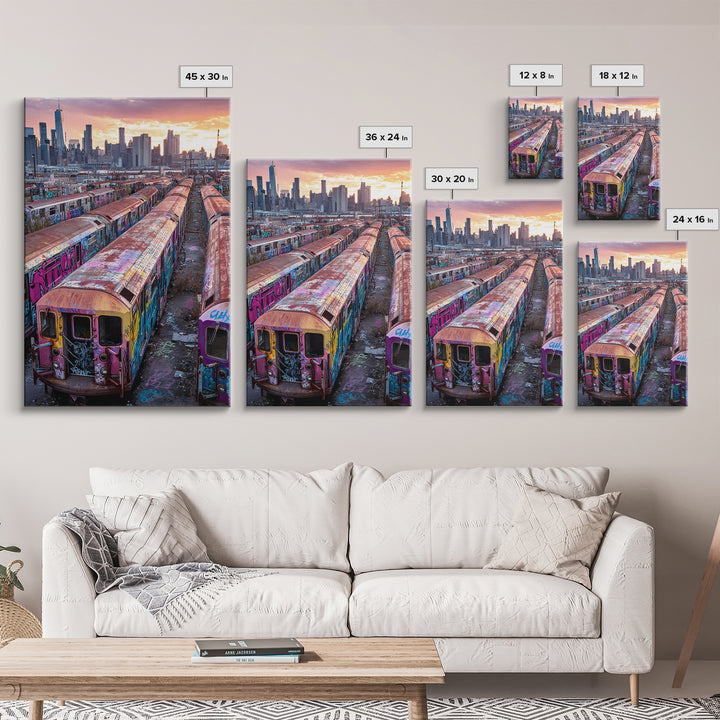 Abandoned Graffiti Covered Subway Trains Cityscape Urban Wall Art Print | Modern Wall Art Home Decor Gift For Him