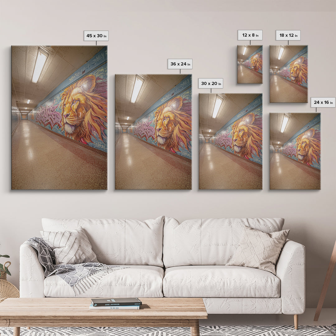 Artistic Lion Mural In City Tunnel Hallway Urban Street Art Decor | Vibrant Wall Art Print For Home Or Office Framed Canvas