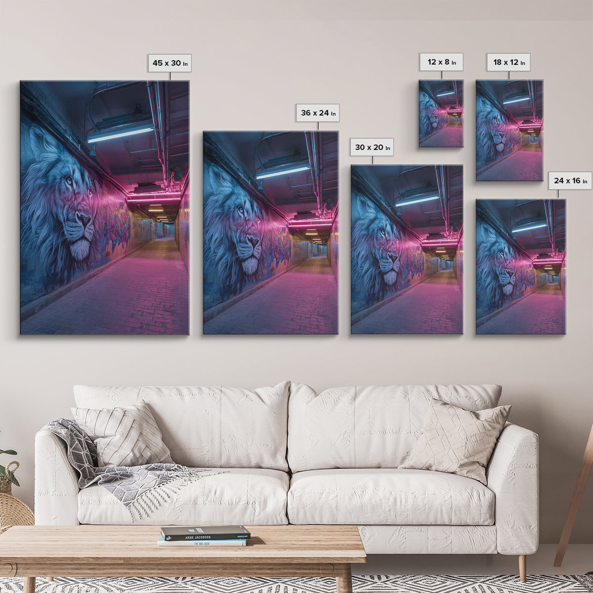 Vibrant Neon Alleyway Street Art With Majestic Lion Mural Wall Art Framed Canvas Print For Urban Home Decor