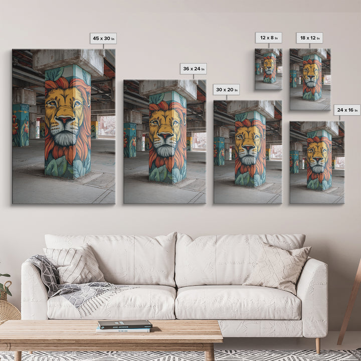 Majestic Lion Mural Painted On Concrete Pillar Urban Wall Art Framed Canvas Print For Unique Decor