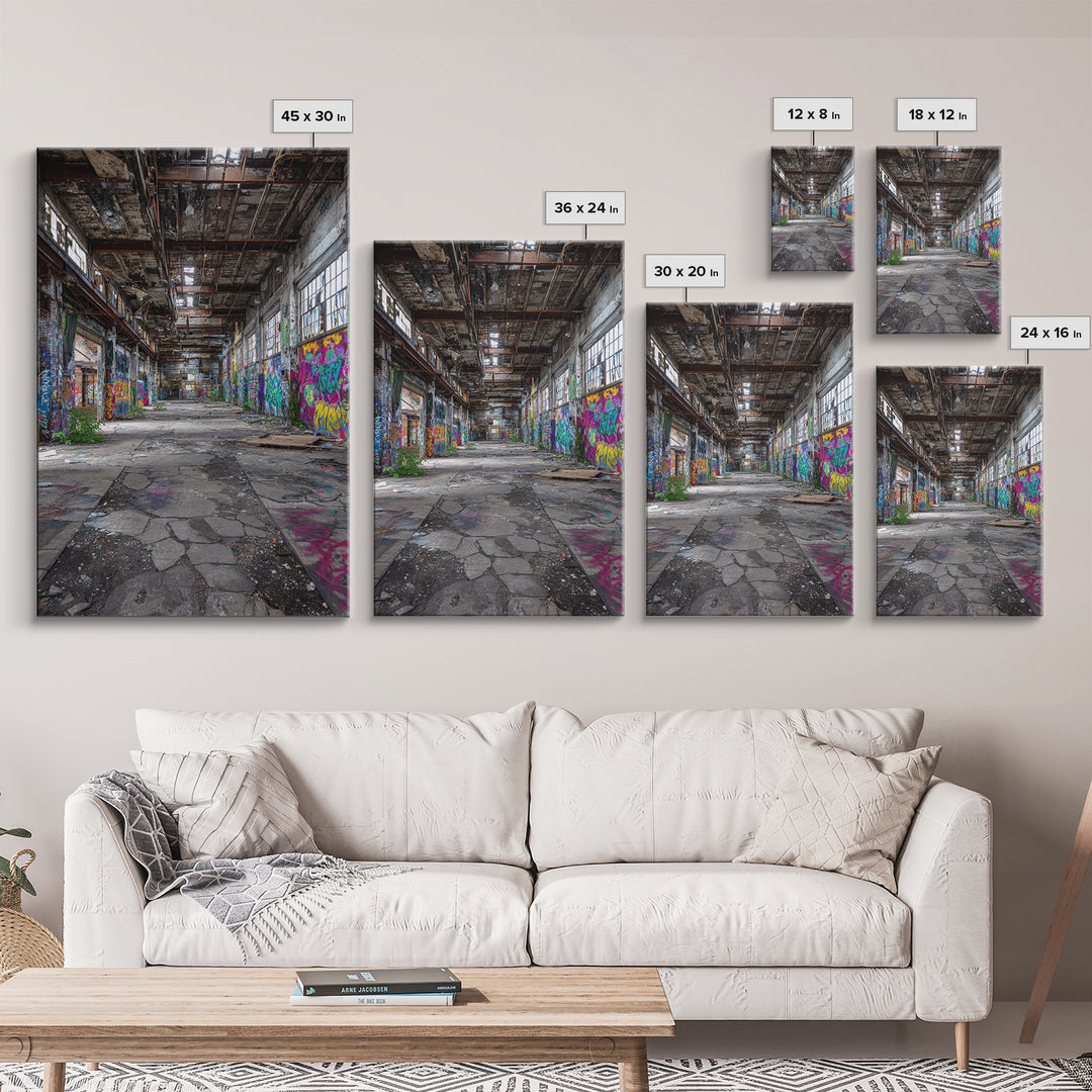 Vibrant Urban Graffiti In Abandoned Warehouse Wall Art Decor Framed Canvas Print For Modern Home Decor