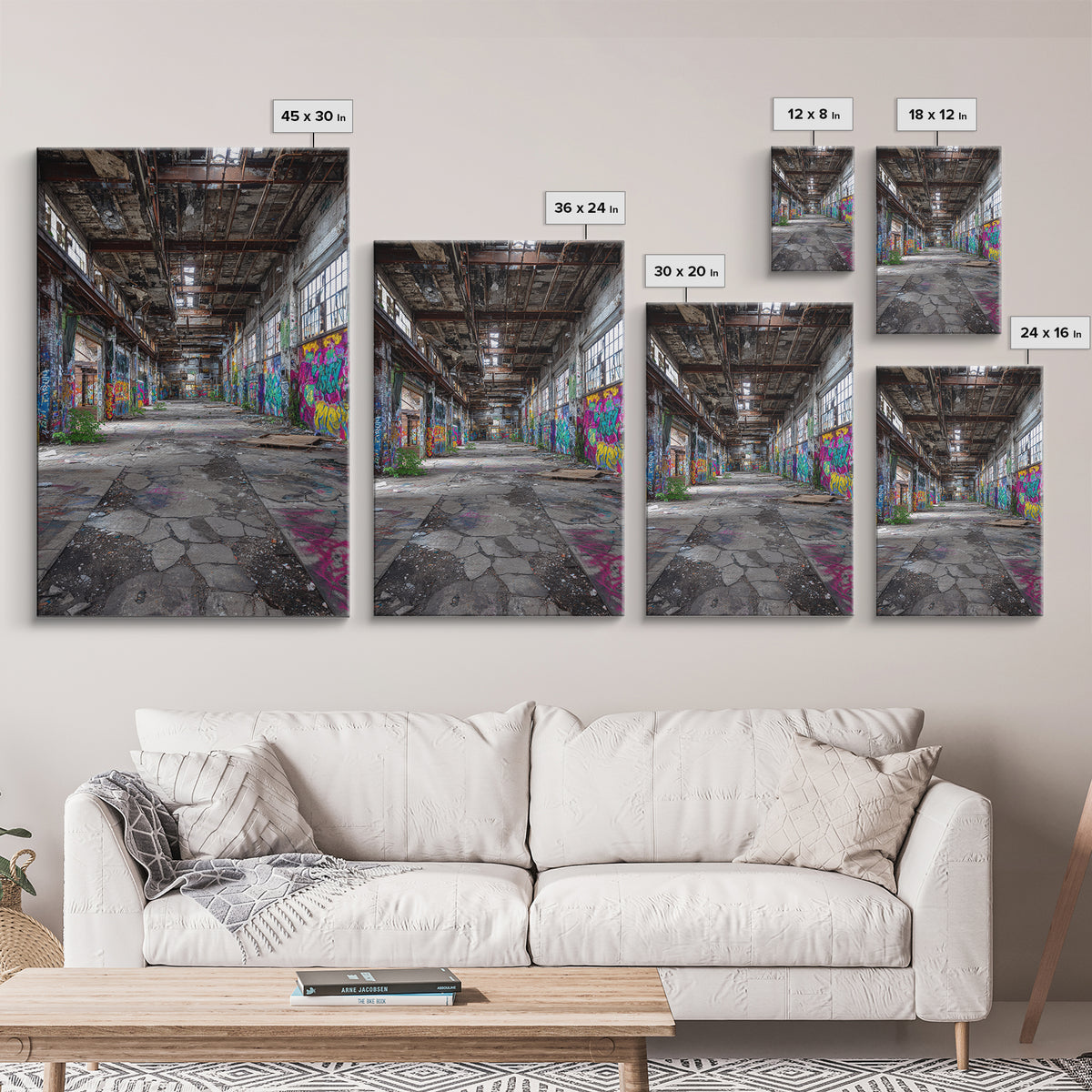 Vibrant Urban Graffiti In Abandoned Warehouse Wall Art Decor Framed Canvas Print For Modern Home Decor