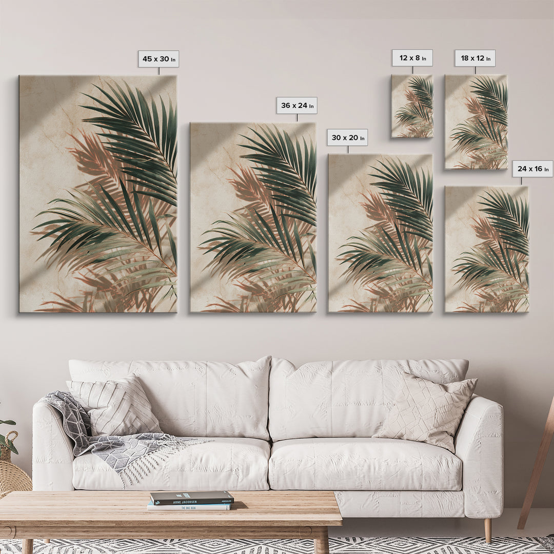 Palm Frond Shadow Botanical Wall Art, Tropical Leaf Canvas Print, Coastal Beige Modern Home Decor For Living Room Bedroom Wall Decor