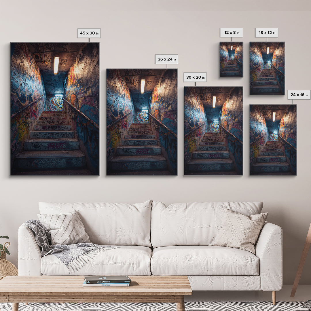 Urban Graffiti Stairwell With Vibrant Street Art Mural And Neon Lights Canvas Print Modern Wall Art For Home Decor And Office