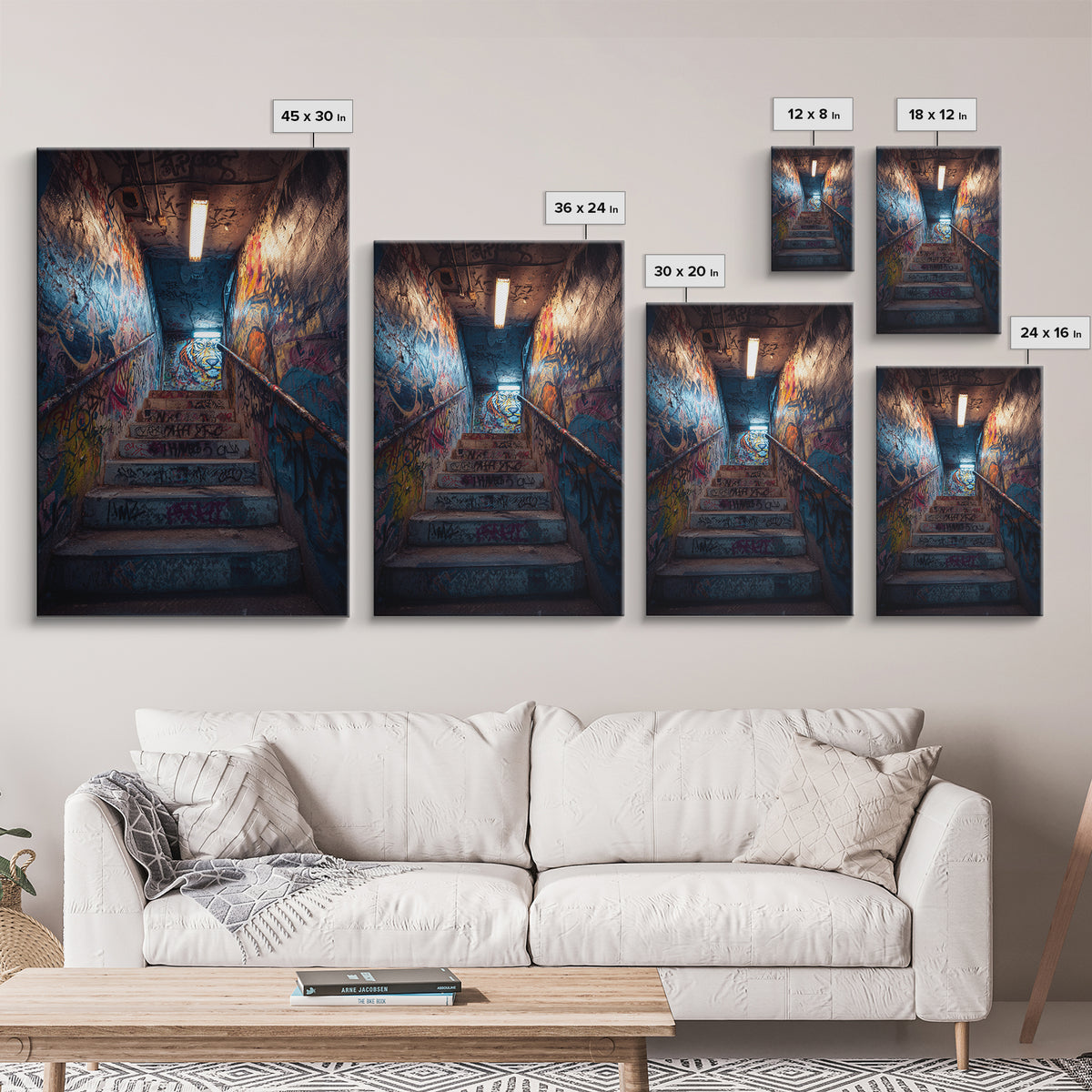 Urban Graffiti Stairwell With Vibrant Street Art Mural And Neon Lights Canvas Print Modern Wall Art For Home Decor And Office