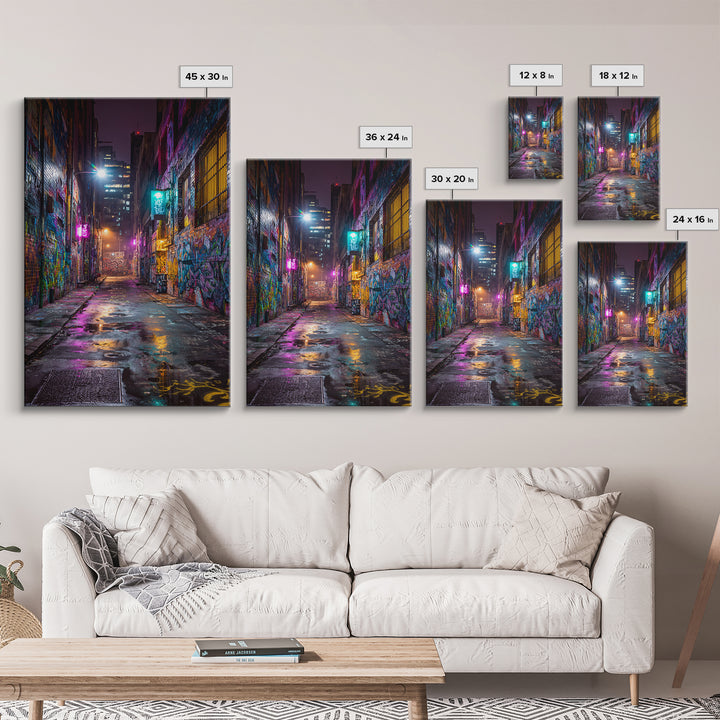 Neon Lit Graffiti Covered Alleyway Night Scene Urban Wall Art Modern Canvas Print For Eclectic Home And Office Decor